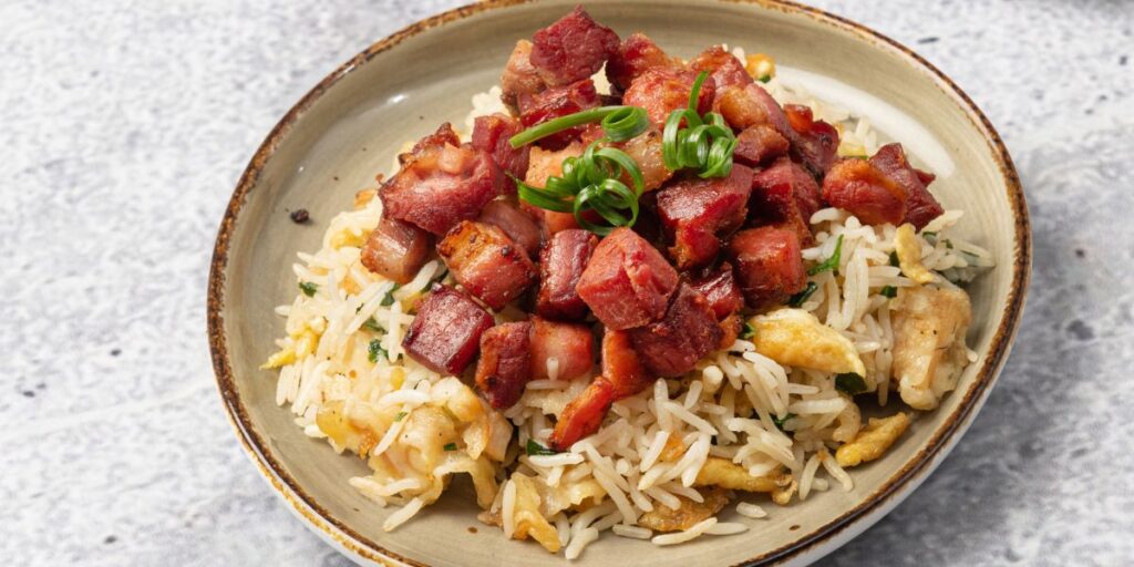 Fried Rice cooked in Smoked Bacon Cubes 